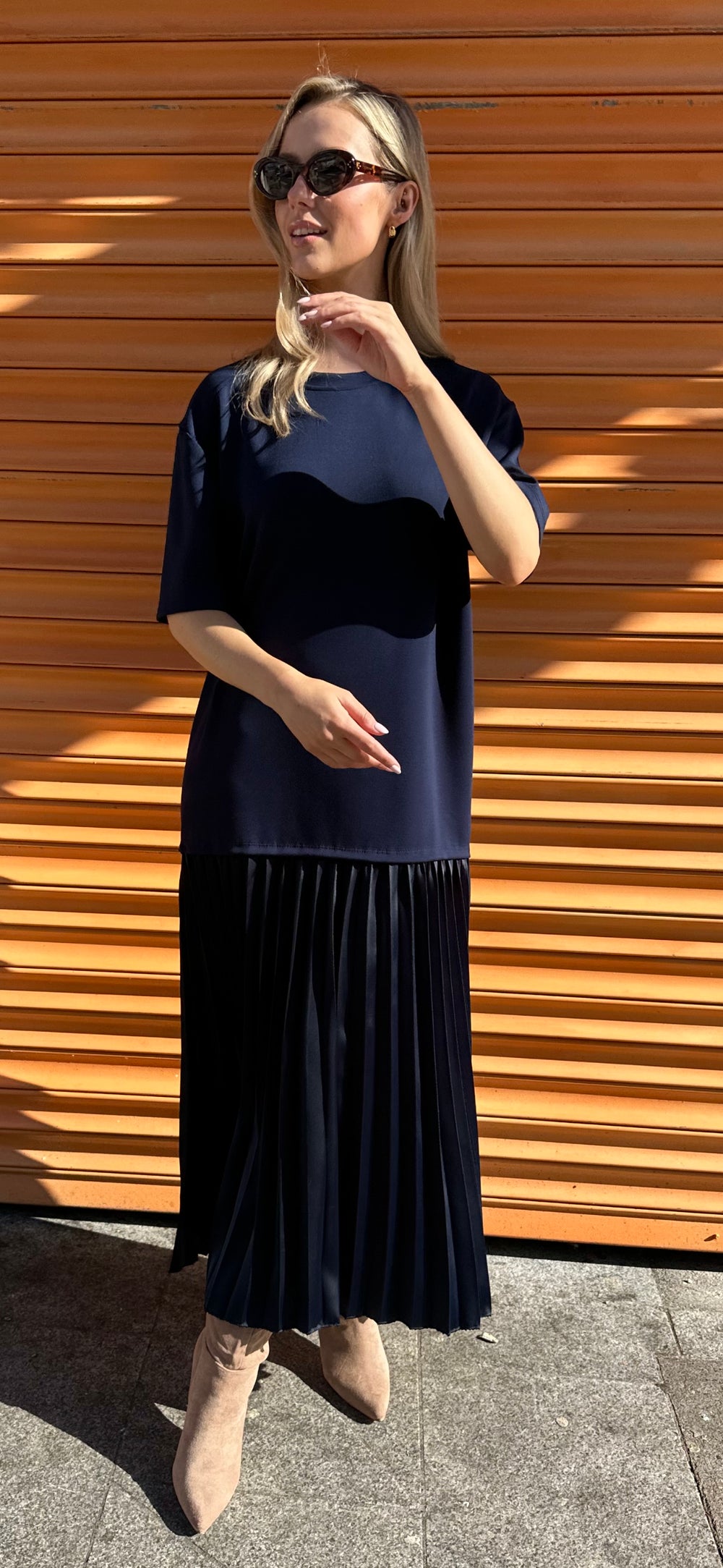 Navy Pleat Dress